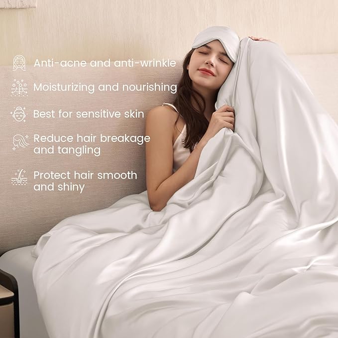 THXSILK 100% Pure Mulberry Silk Duvet Cover Set 3 Piece, 6A+ Grade Luxury Soft Bedding Silk Sheets for Hair and Skin, 1 Pcs Duvet/Quilt/Comforter Cover with 2 Zippered Pillowcases (Cream White, Queen)