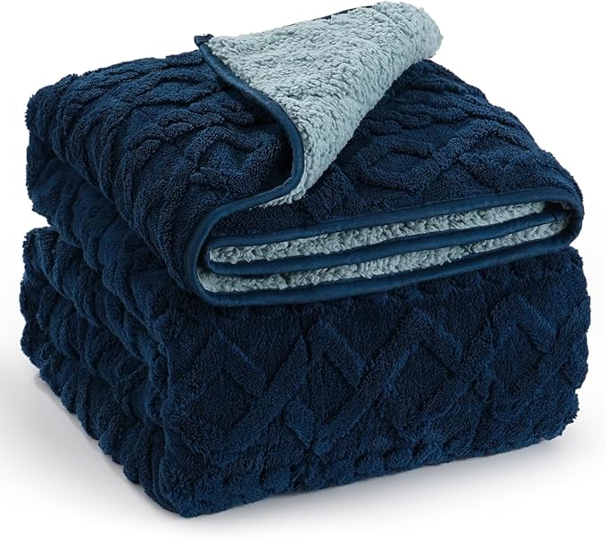 Wemore Weighted Blanket for Adults Twin Size 20 lbs, Dual Sided Soft Fuzzy Jacquard Sherpa Weighted Blankets for Sleeping, Cozy Fluffy Knitted Heavy Blanket for Couch Bed, Navy Blue, 60 x 80 inches