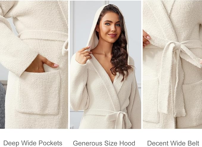 MH MYLUNE HOME Ultra Soft Robe With Pockets, Spa Bathrobe Loungewear Calf-Length, Plush Fuzzy Fluffy Wrap Robe for Women