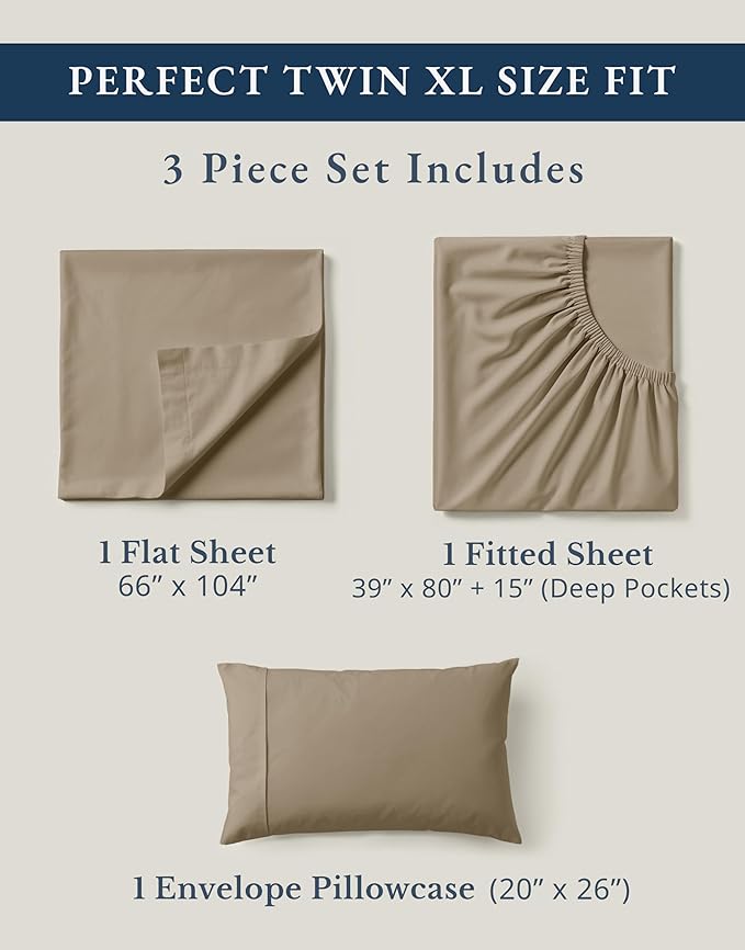 LANE LINEN 100% Organic Cotton Twin XL Sheets Set, Fully Elasticized Bed Sheets Set Twin XL Size Perfetct for Hospital beds, Deep Pocket Soft & Comfy Sheets Set Twin XL Size-Taupe