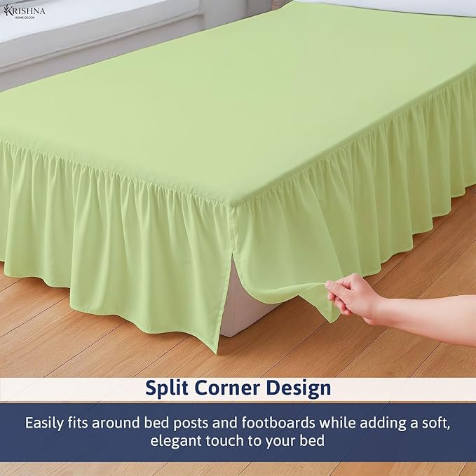 KRISHNA Ruffled Bed Skirt with Split Corners Twin, 100% Microfiber Hotel Quality, 18 Inch Drop Dust Ruffle Gathered Bedskirt with Platform, 39" x 75", Sage