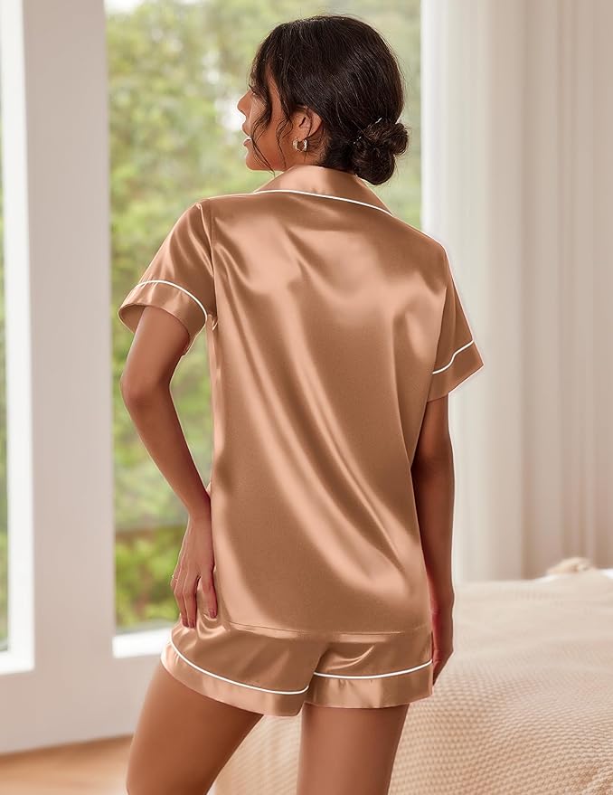 Ekouaer Pajamas for Women Set Silk Satin Pjs Shorts Sleepwear 2 Piece Loungewear S-XXL