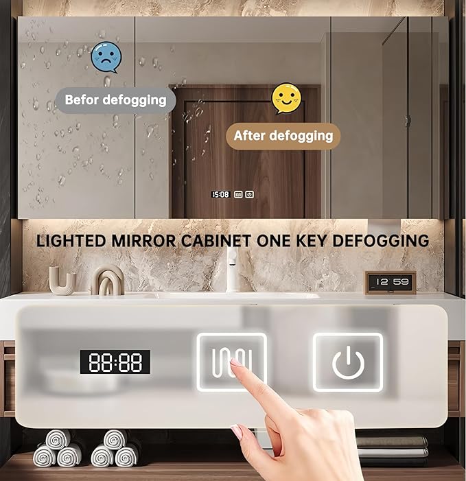 88" Bathroom Vanity, Floating Bathroom Vanity with Sink, Solid Wood Vanities with Smart Defogging Mirror Cabinet, Slate Countertop and Faucet, Wall Mount Bath Furniture Cabinet with Drawers (Walnut)