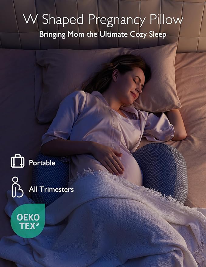 Momcozy Portable Pregnancy Pillow – W Shaped Maternity Support for Side Sleepers, Adjustable Travel Wedge Pillow for Back, Belly, and Hip Relief, Ideal for Pregnant Women, Deep Grey