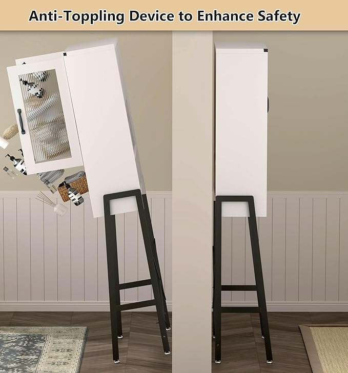 Over The Toilet Storage Cabinet with Tempered Glass Doors & Metal Stand, Over Toilet Organizer with Adjustable Shelf Space Saver Over Toilet , Tall Freestanding Shelf/Rack for Bathroom, Modern, White