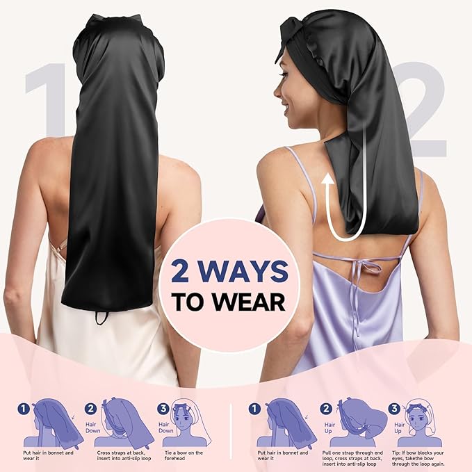 Umisleep 22 Momme Mulberry Silk Bonnet for Sleeping Women, Untangled Hair Care Bonnet, Extra Long for Curls & Braids - Lays Flat for Styling, Double Layer Hair Wrap with Soft Adjustable Tie, Black