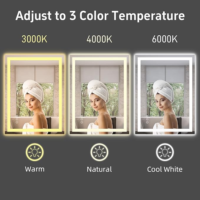 20"x 28" LED Bathroom Mirror with Front and Backlight, Stepless Dimmable Bathroom Mirrors with Anti-Fog, Lighted Bathroom Vanity Mirror for Wall, Shatter-Proof Led Mirror for Bathroom