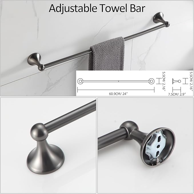 BGL Bathroom Hardware Set Grey Electroplating 4-Piece Bathroom Accessories Set Wall Mounted Adjustable Towel Bar Robe Hook Toilet Paper Holder Towel Ring Glossy Grey