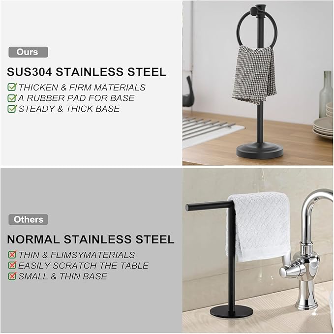 Hoimpro 17 Inch Stand Hand Towel Holder Towel Bar Towel Hanging Ring, Free Standing Floor Hand Towel Rack Storage for Bathroom Kitchen Vanity Countertops, Hardware Accessories(Matte Black)