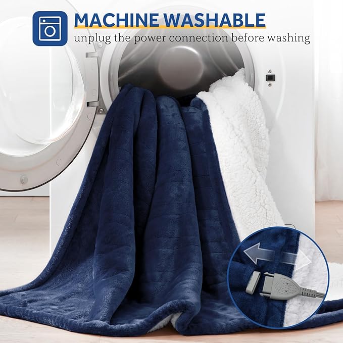 SEALY Heated Throw Blanket, Flannel & Sherpa Electric Throw with 6 Heat Setting & 2-10 Hours Auto Shut Off, Machine Washable, 50x60 Inch, Navy