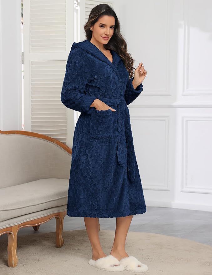 Ekouaer Womens Plush Robes Long Soft Jacquard Fluffy Bathrobe Hooded Robe Sleepwear with Pockets