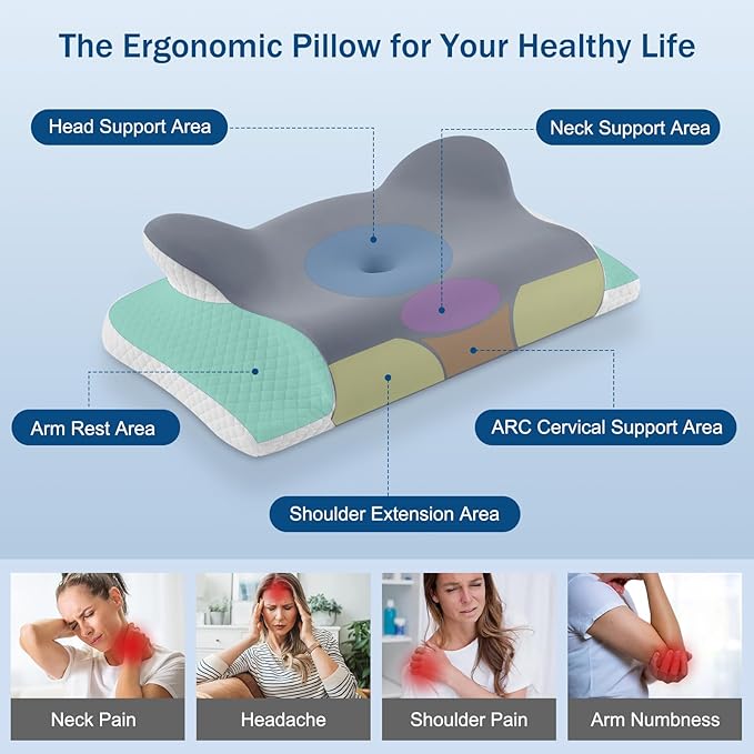Cervical Neck Pillow for Sleeping, Ergonomic Side Sleeper Pillow for Neck Support, Memory Foam Pillows for Back Stomach Sleepers, Orthopedic Contour Pillows with Cooling Pillowcase (Dark Grey)
