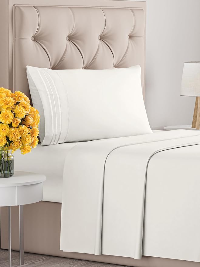 Twin Size 3 Piece Sheet Set - Extra Soft, Breathable & Cooling - Hotel Luxury Durable Bed Sheets for Women & Men - Deep Pockets, Easy-Fit & Wrinkle-Free - Antique White Oeko-Tex