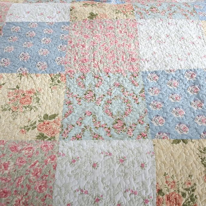Cotton Bedspread Quilt Bedding Sets 3 Pieces Reversible Coverlet Sets Comforters Green Rose Floral Patchwork Bedspread, Queen Size