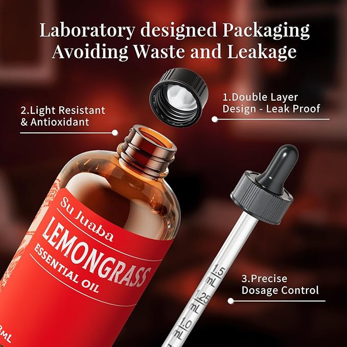 SU JUABA Lemongrass Essential Oil 4 Oz, 100% Pure Natural Aromatherapy Oil for Diffuser, Skin Care, Candle - 118ML