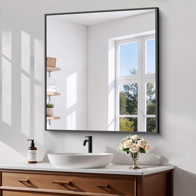 Koonmi Black Framed Bathroom Mirror - Shatterproof 32"x28" Tempered Glass, HD No Distortion, Horizontal/Vertical Mount, Modern Matte Aluminum Alloy Frame