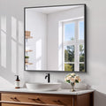 Koonmi Black Framed Bathroom Mirror - Shatterproof 32"x28" Tempered Glass, HD No Distortion, Horizontal/Vertical Mount, Modern Matte Aluminum Alloy Frame