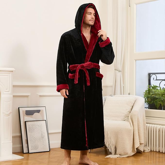 U2SKIIN Mens Robe with Hooded, Full Length Thickened Plush Robe Big and Tall Bathrobe