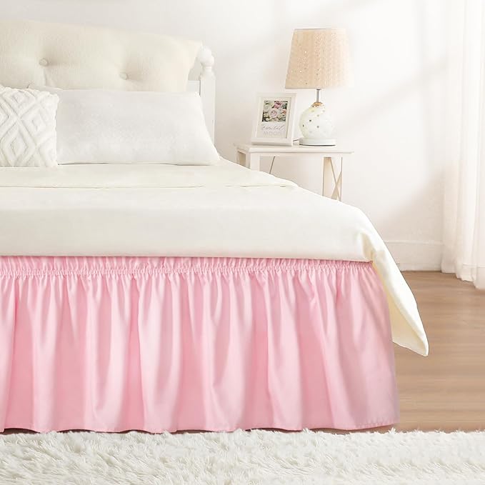 RIMELA Pink Bed Skirt King Size 15 Inch Drop, Elastic Bed Skirting for Bed Base and Frame, Bedding Dust Ruffle Easy to Install, Lightweight Comforter Set with Wrap Around Adjustable Bedskirt