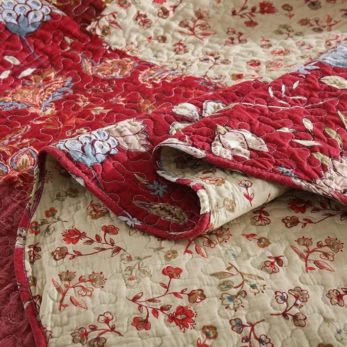 Cotton Bedspread Quilt Bedding Sets 3 Pieces Reversible Coverlet Sets Comforters Vintage Floral Patchwork Purple Red Bedspread, King Size