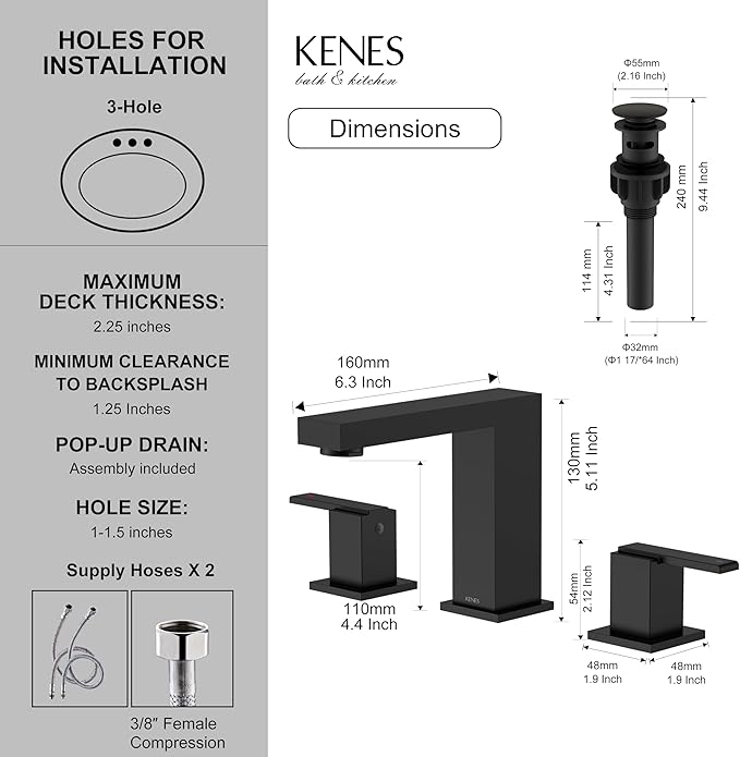 KENES Black Widespread Bathroom Faucet 3 Hole Bathroom Sink Faucet Matte Black Two Handle, 8-Inch 3 Pieces Bathroom Vanity Faucet with Pop Up Drain & Supply Lines, KE-9050-2-P