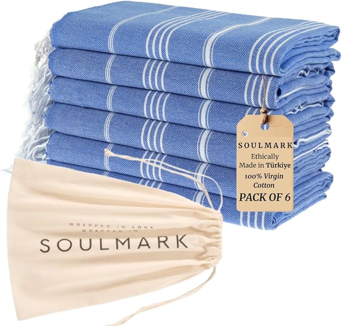 SOULMARK 100% Cotton Turkish Beach Towel with Bag - 38"x71" - 6 Pack - Made in Green & Oeko TEX Certified - Pre-Washed and Sand Free - Quick Dry and Lightweight for Travel - Made in Turkey - Sax Blue