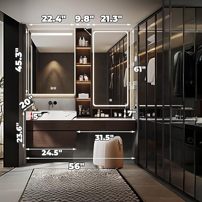 Bathroom Vanity with Sink - Luxury Bathroom Sink Cabinet, Floating Vanity with Smart Defogging Mirror & Storage Drawer, Multi-Layer Solid Wood Panel - Complete Accessories (56")