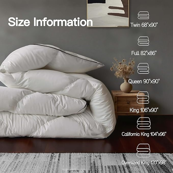 Goose Down Fiber Comforter Queen Size, 100% Cotton Luxurious Hotel Duvet Insert for All Season, Fluffy and Cozy with 8 Corner Tabs Medium Warmth 90 x 90 Inch White
