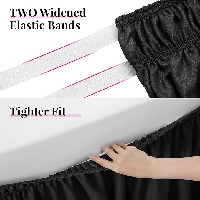RIMELA Bed Skirting Queen Size Black Bed Skirt 25 Inch Drop, Wrap Around Elastic Adjustable Bedskirt, Dust Ruffle for Bed Frame & Box Spring Soft Durable Fabric Machine Washable Easy to Install