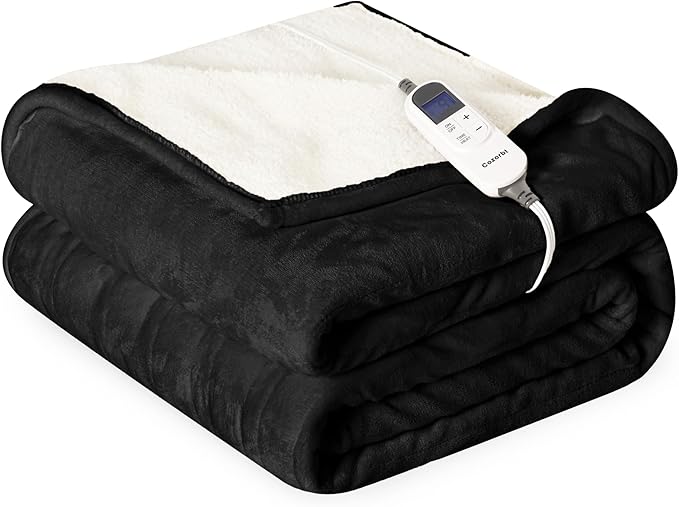 Heat Blanket 62”x84” Twin Size,Soft Flannel & Sherpa Reversible Electric Blanket with 10 Heat Settings,12 Timer Setting and 8 Hours Auto-Shut Off,ETL Certified Machine Washable,Black