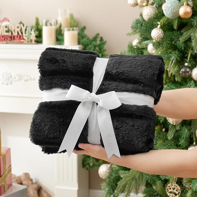 Cozy Bliss Faux Fur Throw Blanket for Couch, Cozy Warm Plush Striped Blanket for Sofa Bedroom Living Room, 90 * 90 Inches Black