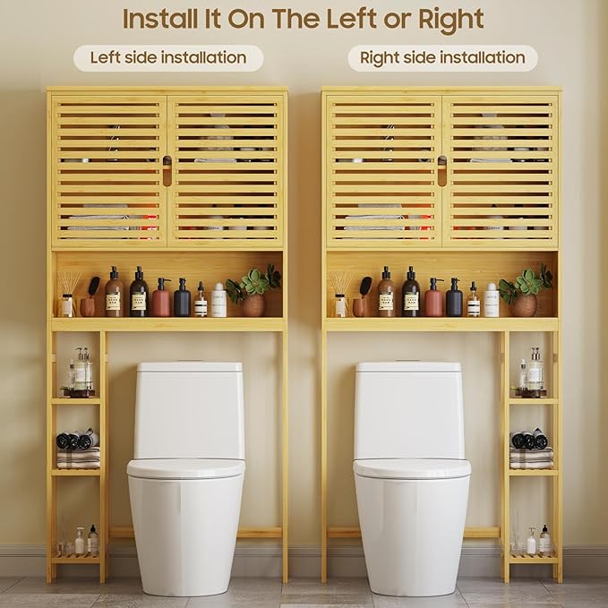Over The Toilet Storage Cabinet, Bamboo Storage Cabinet Over Toilet with Double Doors & Open Shelves, Freestanding Toilet Shelf Space Saver with Anti-Tip Design, Natural