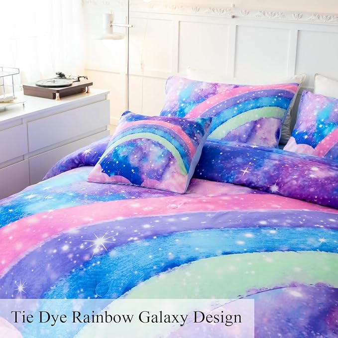 ANGIYUIN Tie Dye Blue Twin Size Comforter Sets for Kids Girls 6 Pieces Colorful Rainbow Bed in A Bag Pastel Gradient Galaxy Bedding Sets with Sheets, Comforter and Pillowcases for Teens Kids