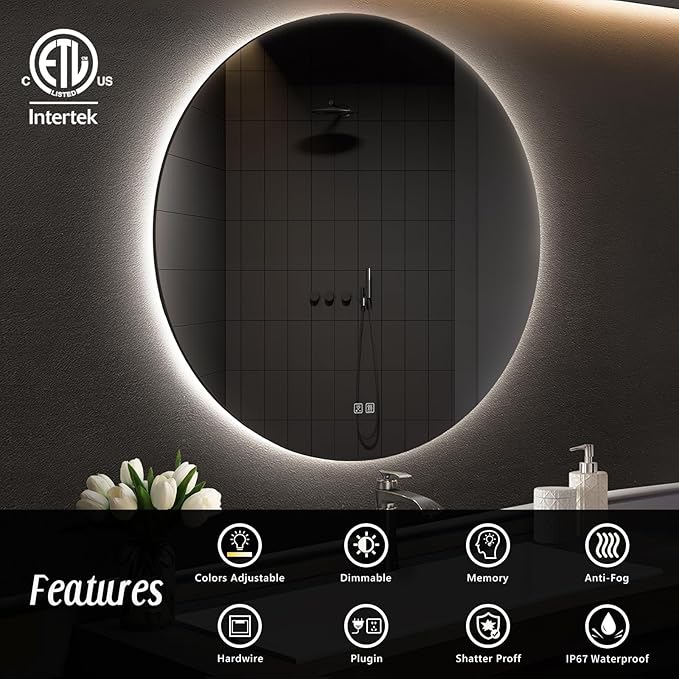 APRILSOUL 44 Inch Round LED Backlit Bathroom Mirror, Vanity Mirror with Anti-Fog, Touch Button, 3 Colors and Dimmable Light