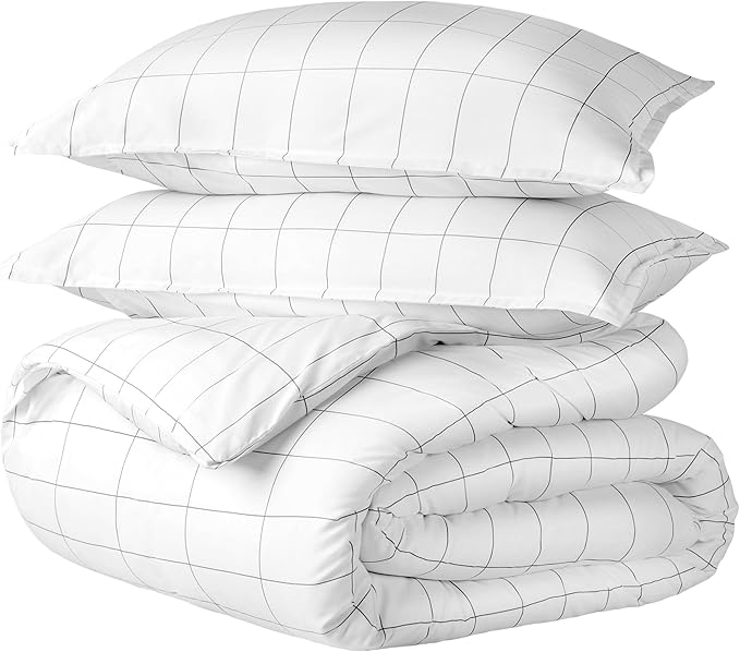 Bare Home Duvet Cover - Oversized Queen Size Bedding Set - Premium 1800 Super Soft Collection - Lightweight, Cooling - Soft Breathable Duvet Cover (Oversized Queen, Grid - White/Grey)