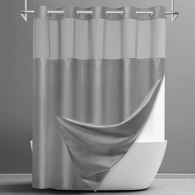 No Hook Shower Curtain with Snap in Liner Set Waffle Shower Curtain for Bathroom Hotel Style Fabric Waterproof Inner Liner，71" W x 80" H, Grey