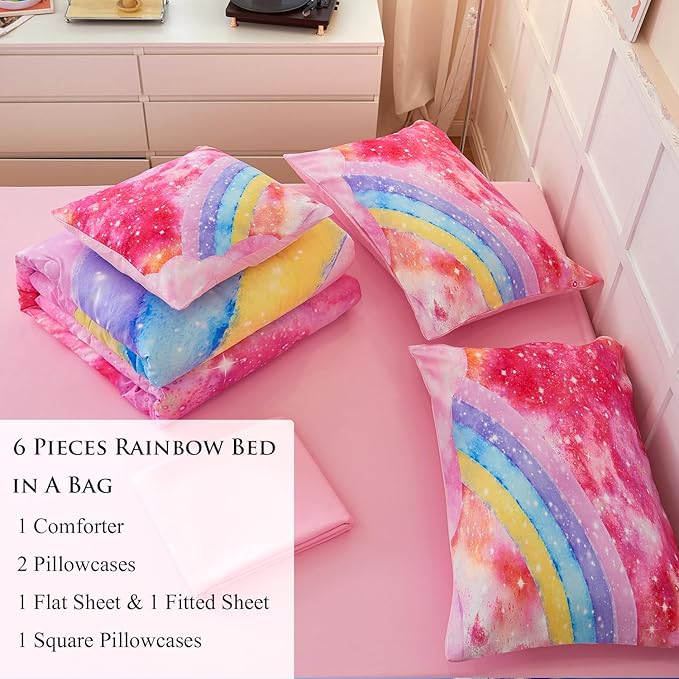 ANGIYUIN Rainbow Twin Size Comforter Set for Girls, 6 Pieces Sparkle Tie Dye Pink Girls Bedding Comforter Sets, Galaxy Kids Bed Sets, Gradient Glitter Soft Bed in A Bag wit Sheets
