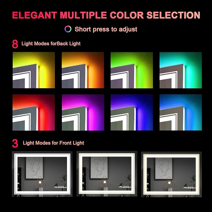 LED Mirror for Bathroom, 28"X36" with 8 RGB Backlit +3 Front Lit (Adjustable Individually), Anti-Fog, Lighted Bathroom Vanity Mirror for Wall, Shatterproof, Memory Function, Tempered Glass