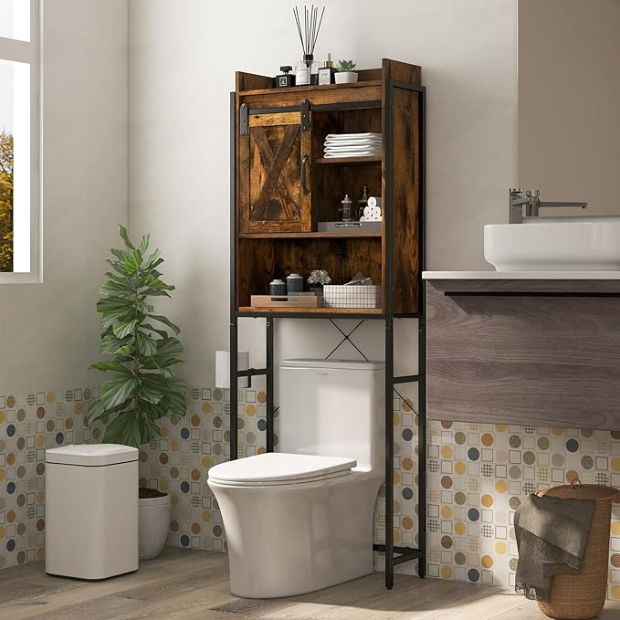 Giantex Over The Toilet Storage Cabinet - Freestanding Bathroom Organizer Rack with Adjustable Shelf, Sliding Barn Door, Paper Holder, Bathroom Space Saver, Above Toilet Storage Cabinet (Brown)