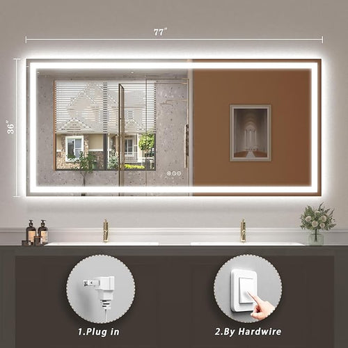 77x 36 inch Large Lighted Bathroom Mirror for Wall, LED Illuminated Vanity Mirror with Lights, Dimmable, Anti-Fog, ETL Listed (Backlit and Front Lighted)