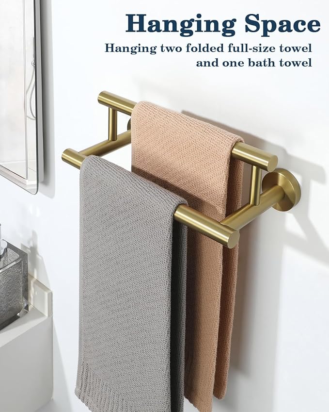Alise Double Bath Towel Bars,12 Inch Towel Racks for Bathroom Wall Mounted,SUS304 Stainless Steel Towel Holder,Space-Saving Towel Hanger,Modern Decor Towel Rod,Brushed Gold Towel Rail,GYT6902-300-G