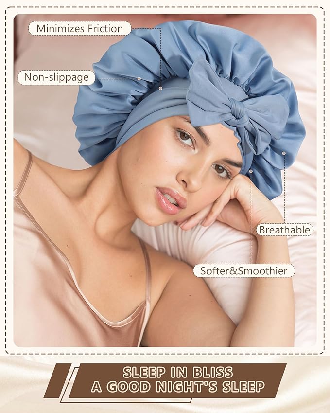 AWAYTR Women Satin Bonnet for Sleeping - Double Layer Silk Hair Bonnet with Elastic Tie Band for Braids Curly Hair
