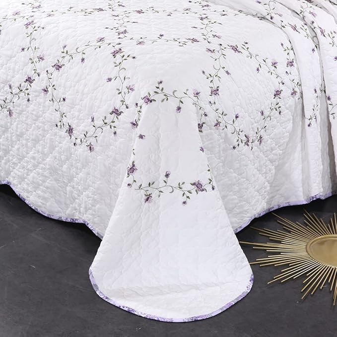 vctops 3-Piece Elegant Floral Embroidered Bedspread Coverlet Set Twin Size 100% Cotton Reversible Patchwork 1 Quilt and 2 Pillow Shams (Purple,Twin)