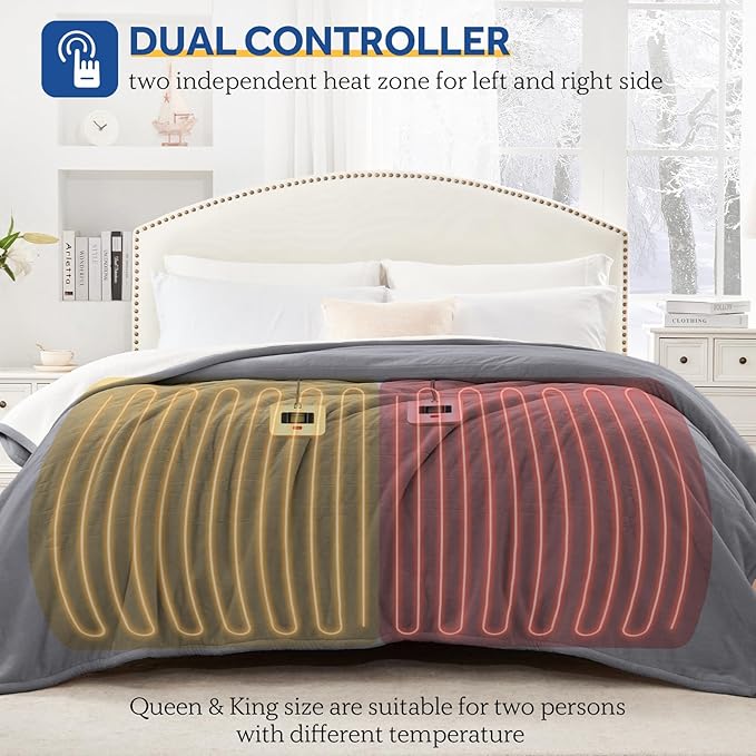 SEALY Electric Blanket Queen Size, Flannel & Sherpa Heated Blanket with 10 Heat Setting & 1-12 Hour Auto Shut Off, Fast Heating Blanket, Machine Washable, Light Grey, 84 x 90 Inch
