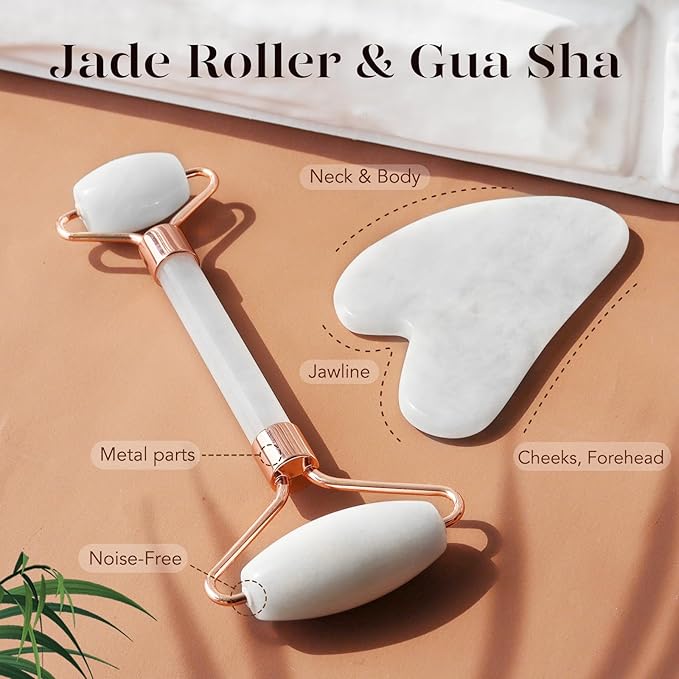 BAIMEI IcyMe Jade Roller & Gua Sha Set Face Roller and Gua Sha Facial Tools for Skin Care Routine and Puffiness, Self Care Gift for Men Women - White