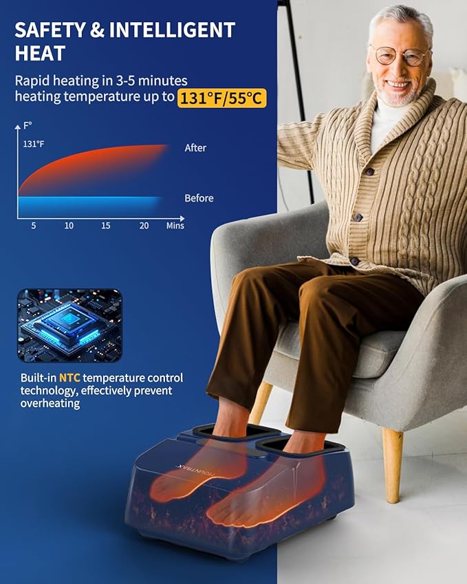 MOUNTRAX Foot Massager Machine with Heat, Foot Massager for Plantar Fasciitis, Neuropathy Pain, Shiatsu Foot Massager with Remote, Fits Feet Up to Men Size 12 (Blue)