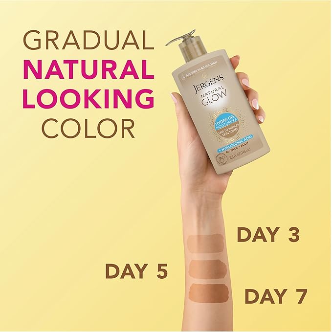 Jergens Natural Glow Hydra Gel Moisturizer, Hyaluronic Acid Tanning Lotion, Hydrating Tanning Gel, Fragrance-Free Self Tanner, Fair to Medium Skin Tones, 8.3 Fl Oz