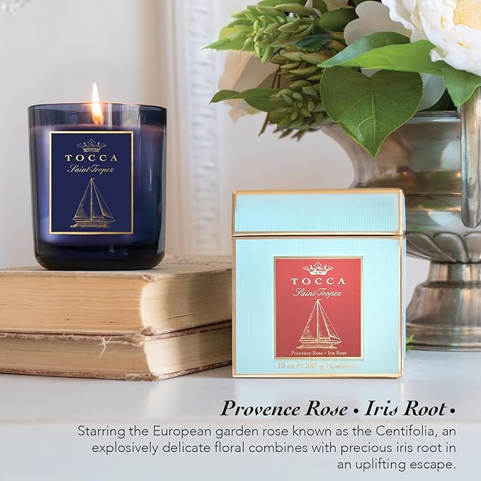 TOCCA St Tropez 10oz Candle - Provence Rose & Iris Root Scented, Hand Poured Soy-Wax Blend with 100% Cotton Wick, 60 Hour Burn Time