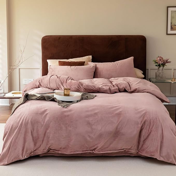 Cottonight Pink Velvet Comforter Set Full - Blush Flannel Bedding, Plain Dusty Winter Blanket Quilt, Modern Heavyweight Warm 3 Piece for Full Bed