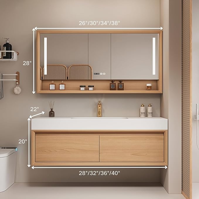 Single Sink Bathroom Vanity, 40Inch Modern Bathroom Vanity Set Includes LED Smart Defogging Mirror Cabinet and Open Shelf, Floating Vanities with One Piece Sink and Drawers Storage(Original Wood )